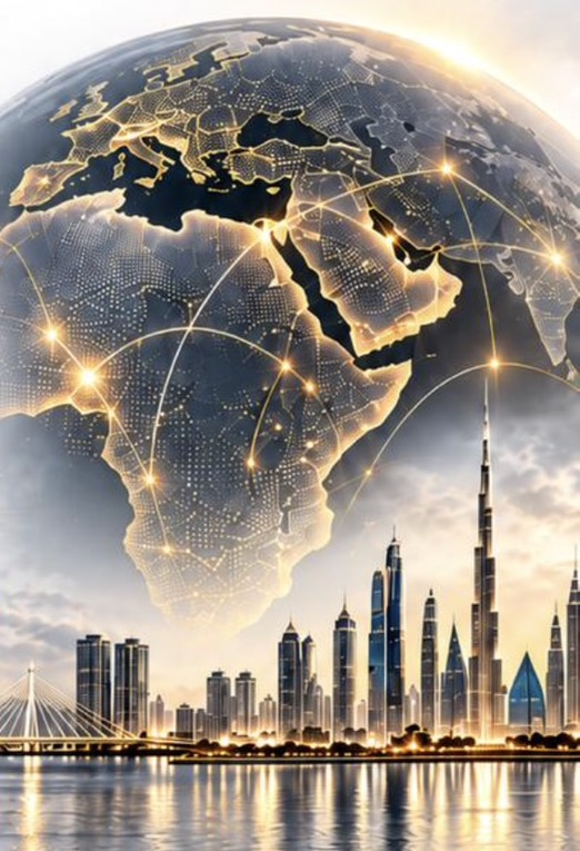 Africa and the Gulf linked by gold network lines, above the Abidjan bridge and the Dubai skyline